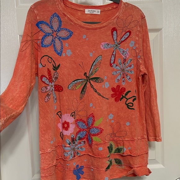 Jess & Jane Tops - Jess & Jane Cotton Peach Dragonfly Tunic Florals Spring Summer Natural Fiber M